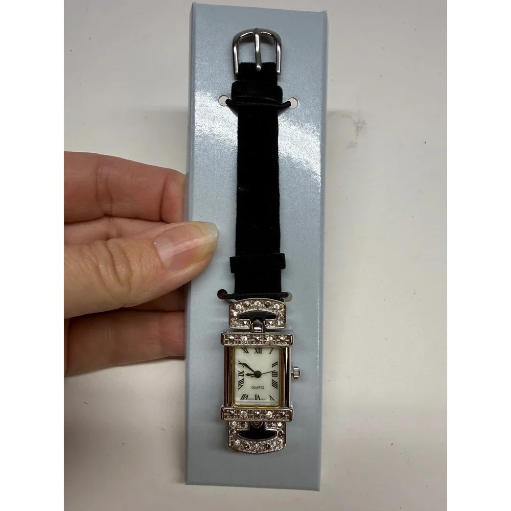 Avon Vintage Rhinestone Accent Watch Silver Tone Black Velvet Strap 2002 NIB